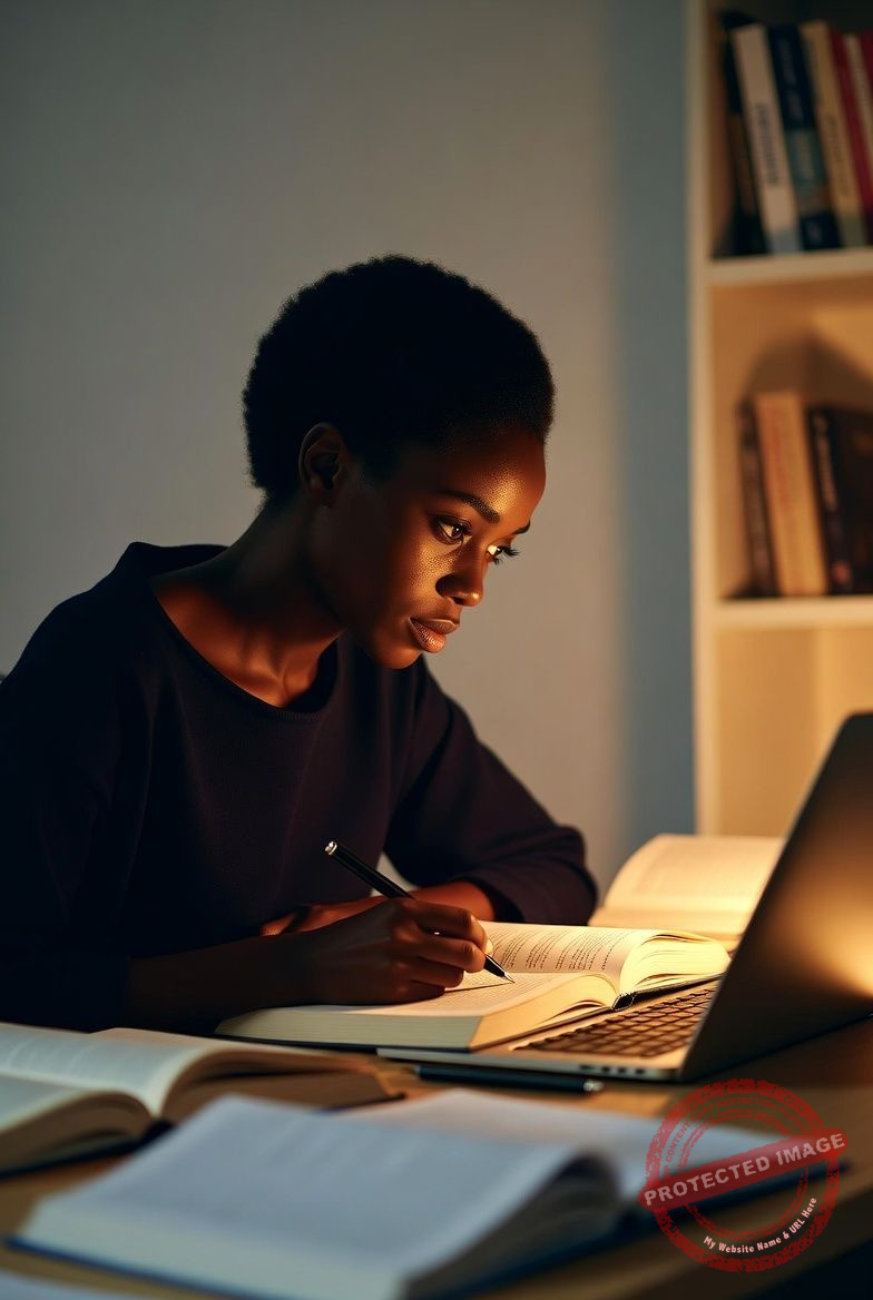 Woman improving creative writing skills by writing in a notebook at a desk with a laptop and open books, warm side lighting, bookshelf in background.”